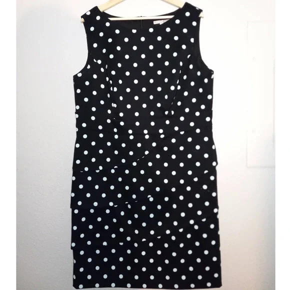 Signature Sabrina Formal Career Pencil Polka Dot Sleeveless Black Blue 16W Dress - Picture 1 of 11